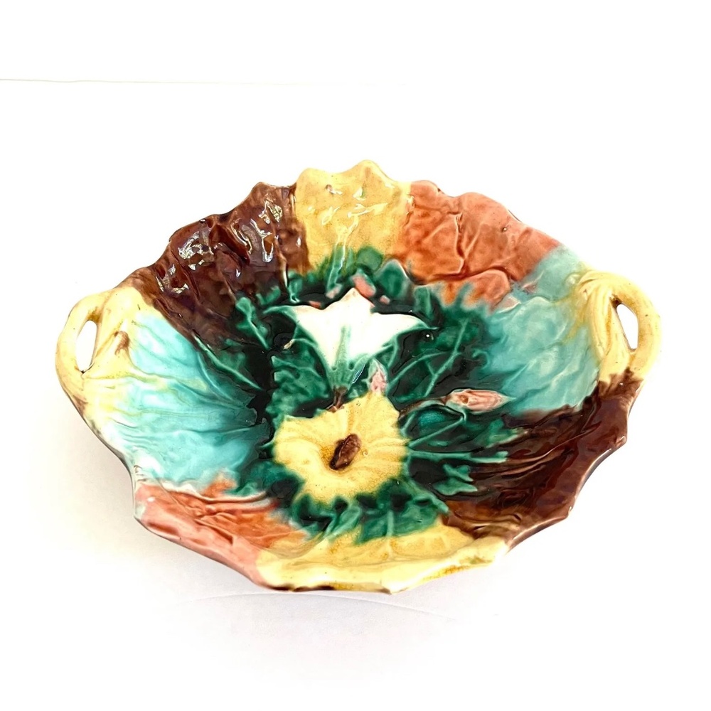 Antique Majolica Floral Morning Glory Decorative Bowl